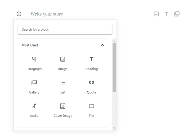 This Image showing search blocks in gutenberg